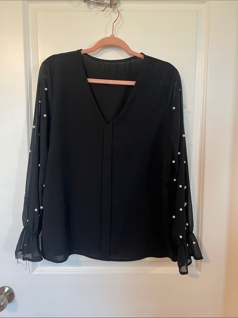SHEIN Black V-Neck Sheer Sleeve Blouse with Pearl Detail